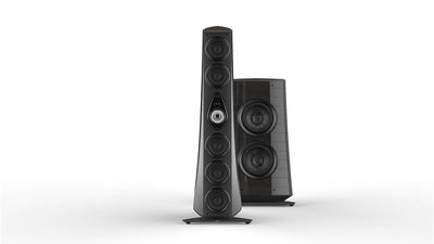 Suprema tower and subwoofer speakers in red graphite gloss leather