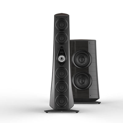 Suprema tower and subwoofer speakers in red graphite gloss leather