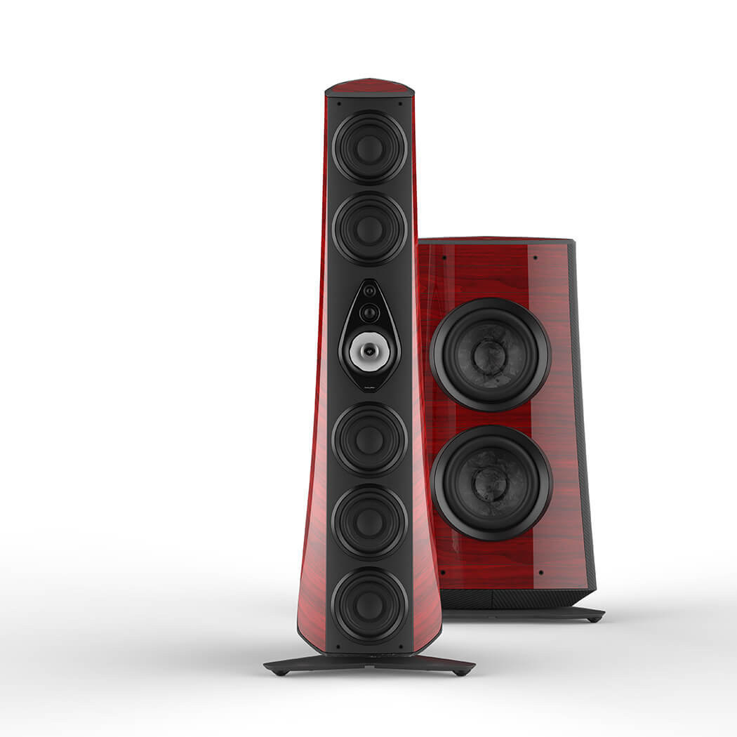 Suprema tower and subwoofer speakers in red high gloss leather