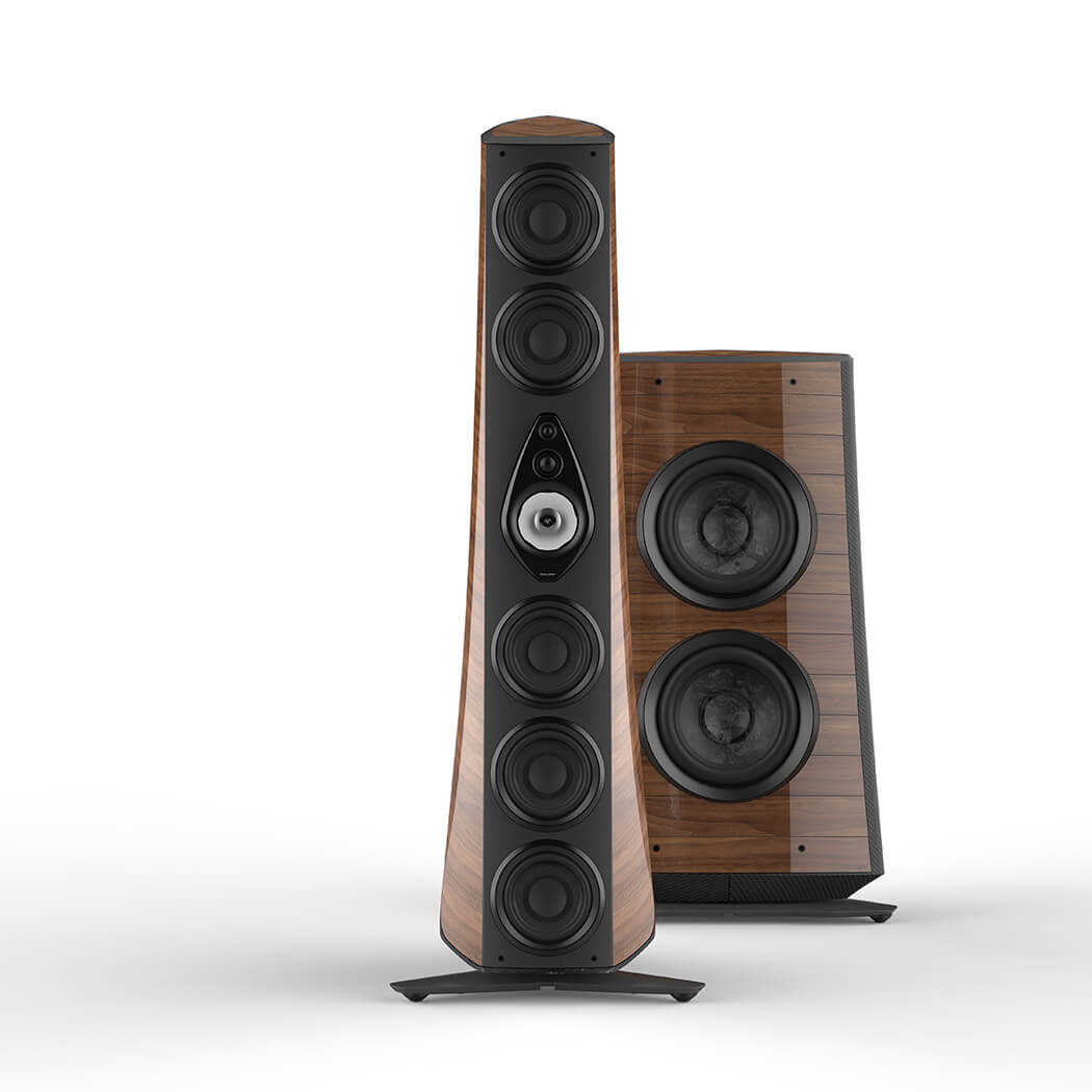 Suprema tower and subwoofer speakers in red walnut gloss leather